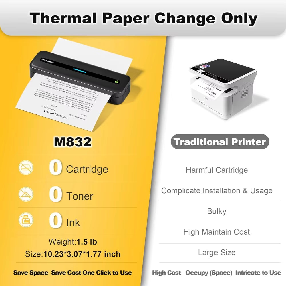 Phomemo M832 Portable Printer Printers Wireless Bluetooth Inkless Printer Thermal Printer Compatible with Phone & Laptop 300Dpi