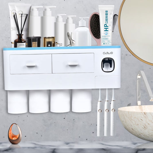 Wall Mounted Toothbrush Holder for Bathroom, Automatic Toothpaste Dispenser Kit with Magnetic Cups Kids & Family Set Toothbrush Holders, Storage Rack & Easy Install, Durable Space-Saving (Blue,4 Cups)