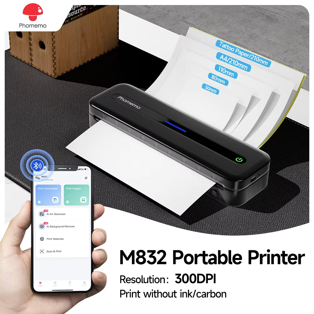 Phomemo M832 Portable Printer Printers Wireless Bluetooth Inkless Printer Thermal Printer Compatible with Phone & Laptop 300Dpi