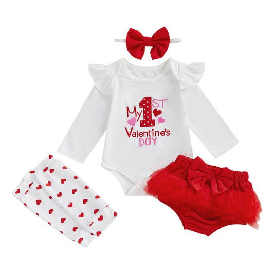 Newborn Baby Girls Valentines Outfits Long Sleeve Letter Heart Embroidery Romper PP Shorts Headband Leg Warmers Sets 0-12 Months