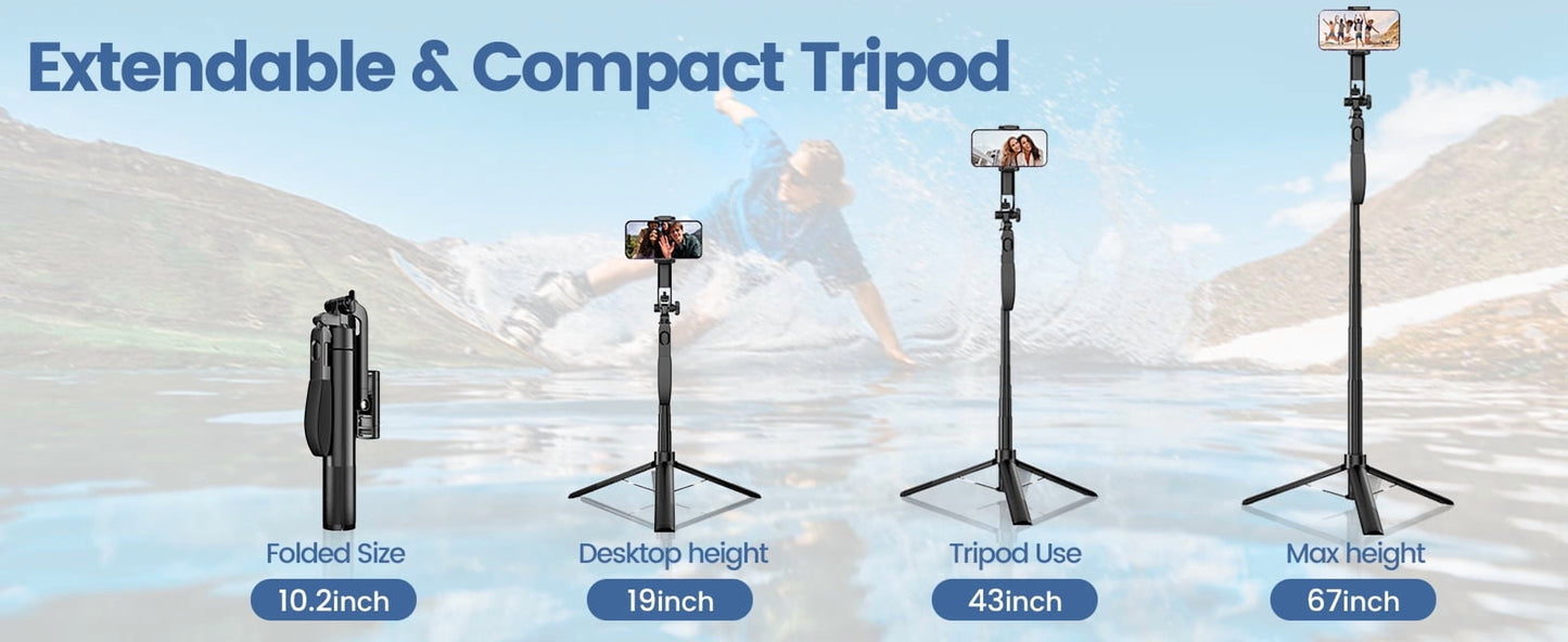 Innotechsc 67'' Adjustable Selfie Stick Tripod Remote Control with Flash Light Tripod for Iphone Android, Gopro Portable Travel Video Recording/Live Streaming/Photography/Vlog- White