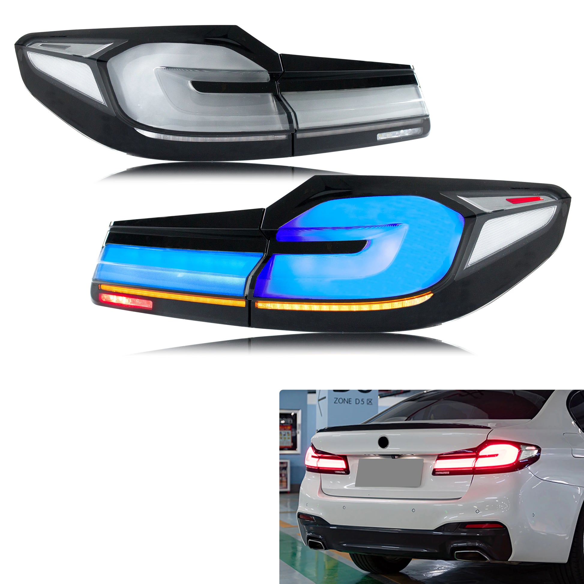 LED Tail Lights for BMW G30 F90 M5 5-Series 520 530 2017-2020 Sequential Turn Signal Blue Start-Up Animation Rear Lamps Assembly