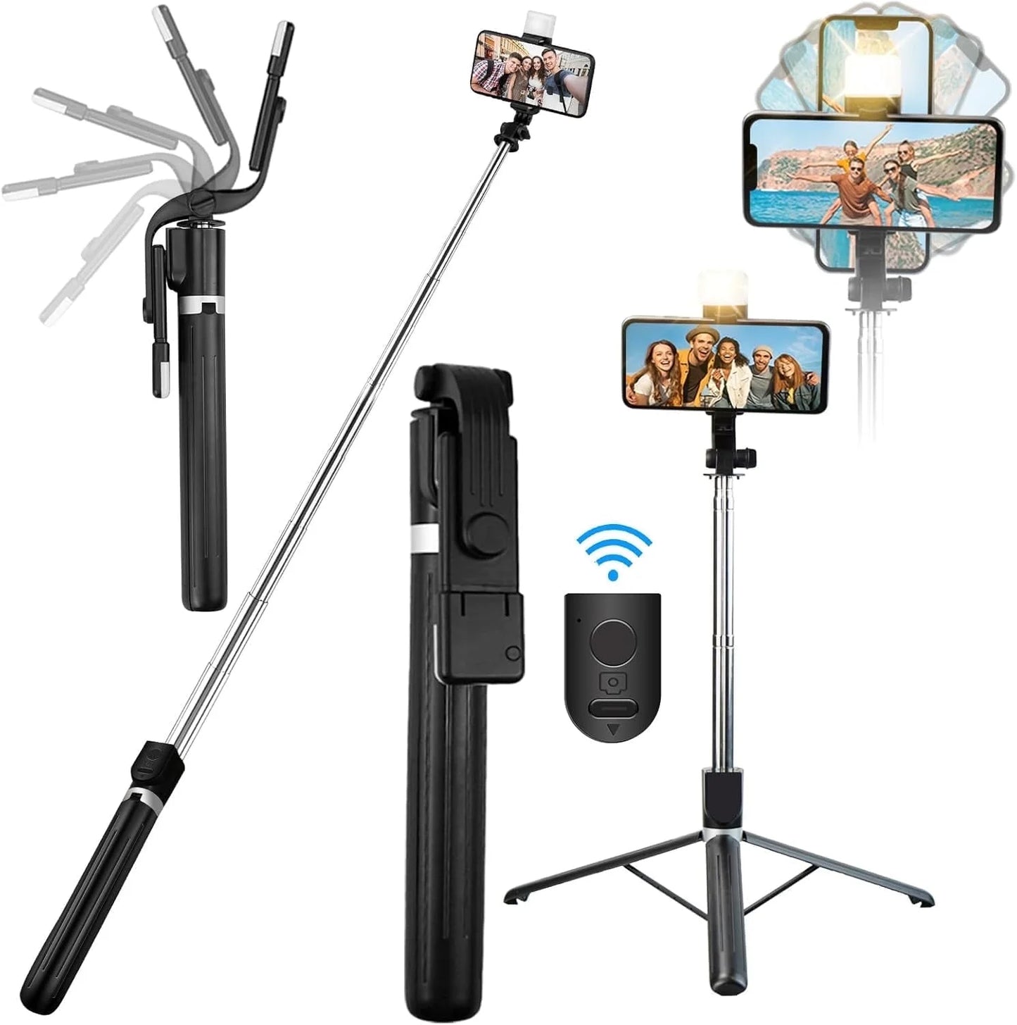 Innotechsc 67'' Adjustable Selfie Stick Tripod Remote Control with Flash Light Tripod for Iphone Android, Gopro Portable Travel Video Recording/Live Streaming/Photography/Vlog- White