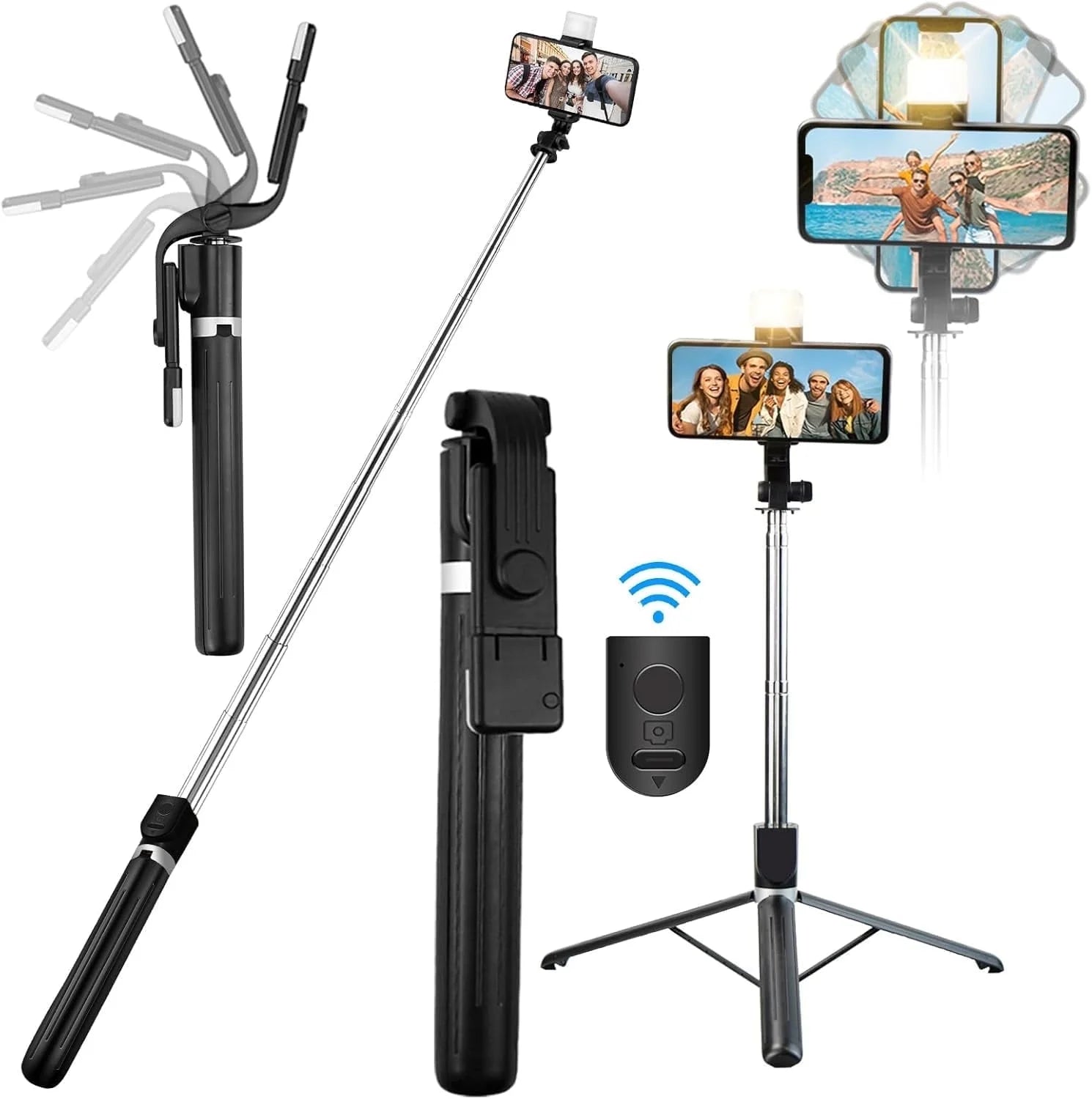 Innotechsc 67'' Adjustable Selfie Stick Tripod Remote Control with Flash Light Tripod for Iphone Android, Gopro Portable Travel Video Recording/Live Streaming/Photography/Vlog- White