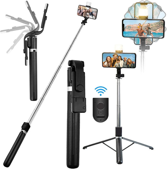 Innotechsc 67'' Adjustable Selfie Stick Tripod Remote Control with Flash Light Tripod for Iphone Android, Gopro Portable Travel Video Recording/Live Streaming/Photography/Vlog- White