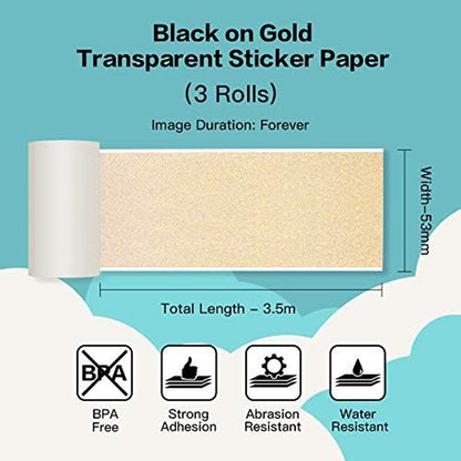 Golden Self-Adhesive Thermal Paper, Glossy Printable Sticker Paper Label for  M02/M02 Pro/M02S/P2S/M03/M04S Mini Sticker Printer, 50Mm X 3.5M, Diameter 28Mm, 3-Rolls